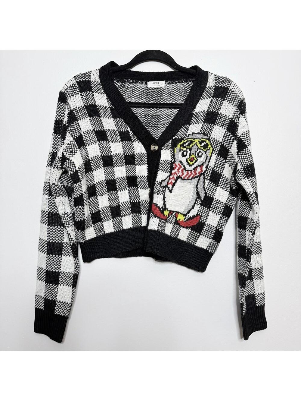 Ardene Penguin Checkered Cardigan Sweater Black White Cropped Button Medium